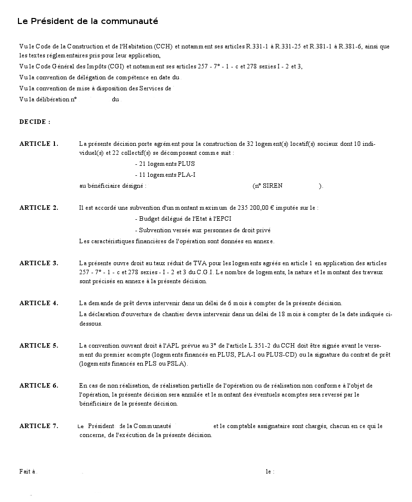 Exemple de décision de financement pour une opération de PLUS-PLAi édité par l'application Galion.